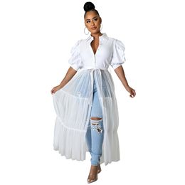 Women Blouses Casual Mesh See Through Shirts Long Dresses with Belt V Neck Button Down Club Party Outfit