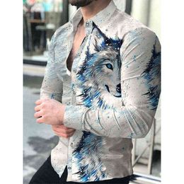 Fashion Luxury Social Men Shirts Turn-down Collar Buttoned Shirt Casual Wolf Print Long Sleeve Tops Men's Clothing Prom Cardigan G220511