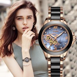Wristwatches Top Quality Ladies Rhinestone Watch Luxury Rose Gold Black Ceramic Waterproof Watches Woman Classic Series WatchWristwatches
