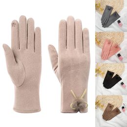 Five Fingers Gloves Women's Winter Plus Velvet Thicken Warm Touch Screen Elegant Pompom Suede Windproof Full Finger Cycling Driving