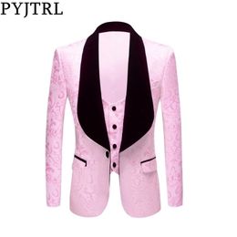 PYJTRL Men 2Piece Set Classic Shawl Lapel Wedding Groom Jacquard Tuxedo Pink Yellow Black Red Pure White Slim Fit Jacket & Vest 201104