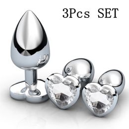 3pcs/Set Heart-Shaped Crystal Anal Plug Large Medium And Small Stainless Steel Butt Plugs Anal Stimulator Prostate Massager Sex Toys
