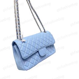 Blue Peach Quilted Grained Calfskin Caviar Bags Leather Material Classic Double Flap SHW/GHW Crossbody Shoulder Mulit Pochette Sacoche Designer Handbags 25CM