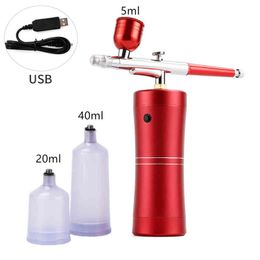 Top 0.4mm Pink Mini Air Compressor Kit Air-Brush Paint Spray Gun Airbrush For Nail Art Tattoo Craft Cake Nano Fog Mist Sprayer 220505