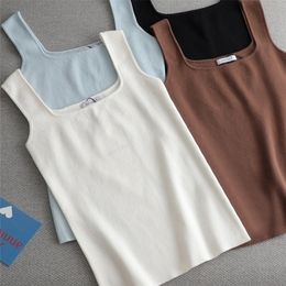 high quality chic basic U-NECK Summer white knit Women tank top sexy sleeveless t-shirt vintage casual crop t shirt 220325