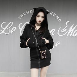 Kawaii Hoodie Harajuku Long Sweatshirt Women Black Punk Gothic Hoodies Hoody Ladies Zip up Autumn Cute Ear Cat Hoodies LJ201103