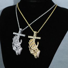 Hip Hop Cubic Zirconia Paved Iced Out Praying Hands Cross Necklaces Pendant For Men Women Jewelry With Rope Chain