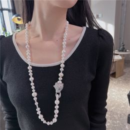 Hand knotted necklace natural 3-12mm white freshwater pearl micro inlaid zircon accessory leopard head clasp 80cm