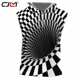 Man Hiphop Streetwear Punk Sleeveless Hoodies Tracksuits Tops Wormhole Print Black White Grid 3D Hooed Tank Top Cap Vest 220623