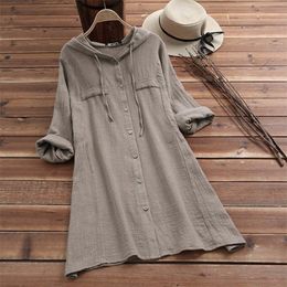 2019 Spring Hoodies Long Sleeve Shirt Women Buttons Down Solid Cotton Linen Blouse Female Casual Loose Top Work Blusas Femininas T200319