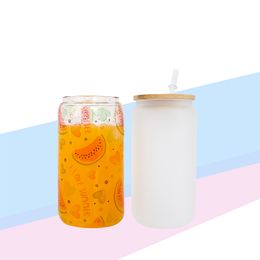 Sublimation 16oz creative Frosted Bamboo Lid Mug Cola transparent matte Jar milk juice Glass for home