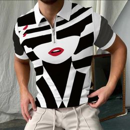 Men's Polos Summer Fashion Men's Clothing Shirts Street Women Face Print Casual Short-sleeved T-shirts Lapel Zip-up TopsMen's Men'sMen's