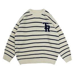 Letter Embroidery Striped Round Neck long-sleeved Sweater Men's Fall knit pullover Korean Casual Oversize Couple Sweaters 220815