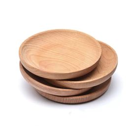 Round Dishes Wooden Plate Dessert Biscuits Plate Dish Fruits Platter Dish Tea Server Tray Wood Cup Holder Bowl Pad Tableware Mat