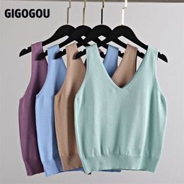 GIGOGOU Sexy V Neck Knitted Crop Top Women's Shirt Plus Size Tank Underwear Casual Streetwear Clothing For 220325