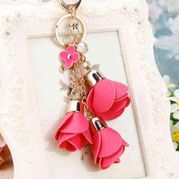 New charm fashion leather rose flower key chain cute tassel flower key chain women keychain female bag pendant Jewellery AA220318