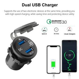 100pcs New USB Car Charger Socket Dual QC3.0 Port Quick Charge 12V/24V Car Adaptor with LED Digital Voltmeter Touch Switch for Marine Boat