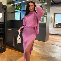 Work Dresses Winter Knit Two Piece Set Women Harem Skirt Suits Oversized Loose Sweaters Turtleneck Pullover Female Knitted Tracksuit Outfits