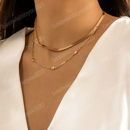 Multilayer Metal Flat Snake Chain Clavicle Necklace Women Gold Pentagram Link Necklaces Girls Fashion Jewellery