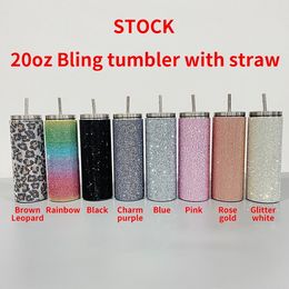 Bling Flash Water Drill Stick Drill 20oz Vacuum Insulation Stainless Steel Straw Coffee Cup Straight Body Straight Barrel Slimming Cup F0425