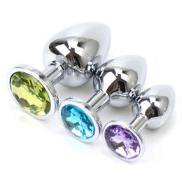 3 Different Size S/M/L Metal Anal Plug With Crystal Jewelry Smooth Prostate massage Butt Silicone Plug Anal Sex Toys for Woman Y220427