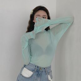 Long Sleeve T-shirts Women Mesh Tee Summer Thin Breathable Turtleneck Sexy Tees Slim Candy Basic Sun-proof Blouse Tops