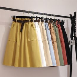 Midi Knee Length Summer Autumn Skirt Women No Belt Casual Cotton Solid High Waist Sun School Skirt Female 210306