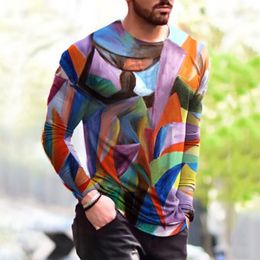 Men's T-Shirts Long Sleeve Tops Tees Casual Abstract Man Print Round Neck Autumn Pullover Tshirts Workout Tee Shirt Femme Male