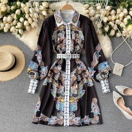 Casual Dresses French Style Women Elegant Party Single Breasted Long Sleeve Print High Waist Vintage Dress 2022 Holiday A-Line Slim DressCas