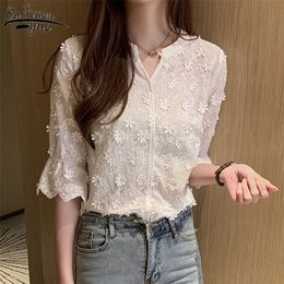 Elegant Blouses Summer Stereos Embroidered White Lace Shirt Cotton Blouse Floral Short Sleeve Womans Shirt 9638 220613
