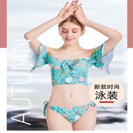 Women's Swimwear 2022 Women Sexy Floral Off Shoulder Top And Bottoms Swimsuit Set Fashion 2 Pieces Bathing Suit Young Girls Bikinis