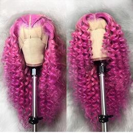 -Novo rosa rosa rosa longo solto onda profunda perucas de cabelo humano para mulheres negras Purple/loiro/azul colorido de renda sintética Festa de peruca frontal