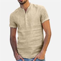 Men Short Sleeve Linen ShirtsBreathable Mens Baggy Casual Slim Fit Solid Cotton Pullover Tops Blouse 220615