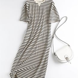 Tangada Summer Women High Quality Striped Print Cotton Midi Dress Side Pocket Short Sleeve Ladies Sundress 6D57 220630