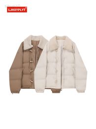 Horn Button Fur Collar Warm Cotton Padded Jacket Women's Autumn Winter New Simple Long Sleeve Plain Short Coat Female L220725
