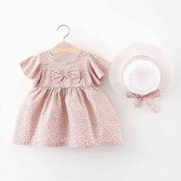 2PCS Summer Toddler Girl Clothes Set Cute Bow Flowers Short Sleeve Newborn Baby Dresses Little Princess Dress+Sunhat Y220510