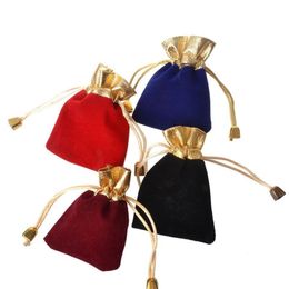 7cmX9cm Velvet Beaded Drawstring Jewelry Pouches 4 Colors Jewels Packaging Christmas Black Blue Red Wedding Gift Bags Wholesale Price