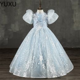 Sequined Blue Tulle Flower Girl Dresses Crystals Beaded Corset Back Floor Length Girls Pageant Gowns Kids Formal Party Birthday Christmas Wear 403