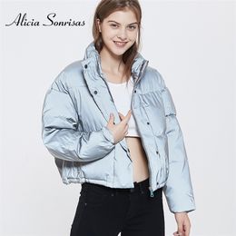 Fluorescent Clothing Night Puffer Jacket Women Reflective Winter Thick Cropped Jacket Sexy Streetwear Crop Top Luminous Coat 201128