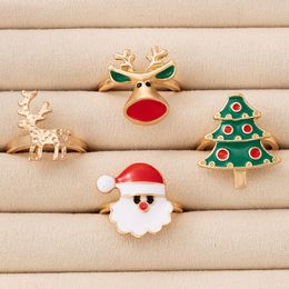 Cluster Rings Funny Santa Claus Christmas Tree Joint Ring Sets For Women Colorful Dripping Oil Bell Deer Jewelry Gift 4pcs/sets 20890