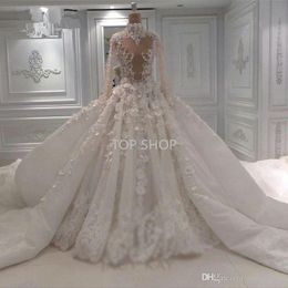 2022 Imagem real Vintage High Neck Veja através de vestidos de noiva vestido de bola Luxury Lace Aplique Plus Size Dubai Vestido de noiva com trem Cathedral EE