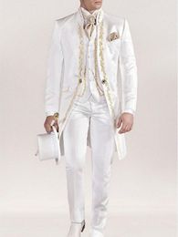 -Herrenanzüge Blazer 2022 Vintage Weiß / Schwarz Prince Style Groomsmänner Stehkragen Bräutigam Hochzeit Smoking Männer Herrenbekleidung (Jacke + Hose + Weste)