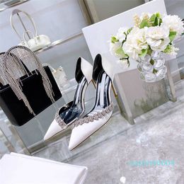 Fashion-Dress Shoes thin heels summer fairy style leather shoe with rhinestones flower ornaments surround crystal single shoess black stile