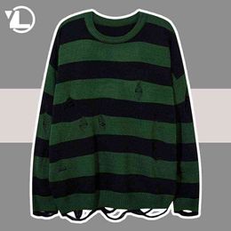 Hole Knitting Sweater Men Green Striped Tate Langdon O-Neck Jumpers Unisex College Fashion Knitted Loose Streetwear Pullover T220730