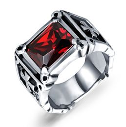 Punk Cross Ring Casting Prong Setting Red CZ Stone Christ Prayer Male Jewellery