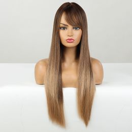 Long Straight Synthetic Wigs Ombre Brown Blonde Wig With Side Bangs For Women Cosplay Daily Party Heat Resistant Fibre Fake Hairfactory dire