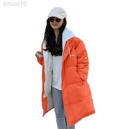 New Autumn Winter Down Cotton Coat Korean Version Loose Yellow Pink Green Fashion Hooded Long Parkas Jacket L220730