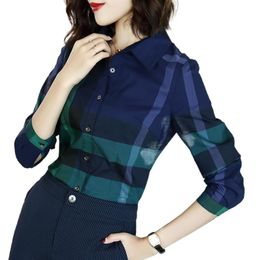 Women's Blouses & Shirts 2022 Blouse Spring Temperament Slim Slimming Cotton Fashion Top Blue-green Plaid