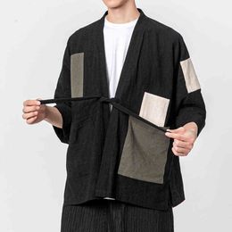 2022Men Chinese Style Shirt Mens Kimono Cardigan Male Harajuku Patchwork Streetwear Shirts Men Vintage Cotton Linen Open Stitch L220706