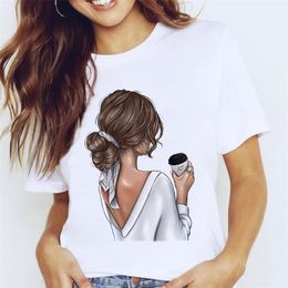 Women Graphic Coffee Sweet Girl Cartoon Short Sleeve Spring Summer Lady Clothes Tops Clothing Tees Print Female Tshirt TShirt 220526